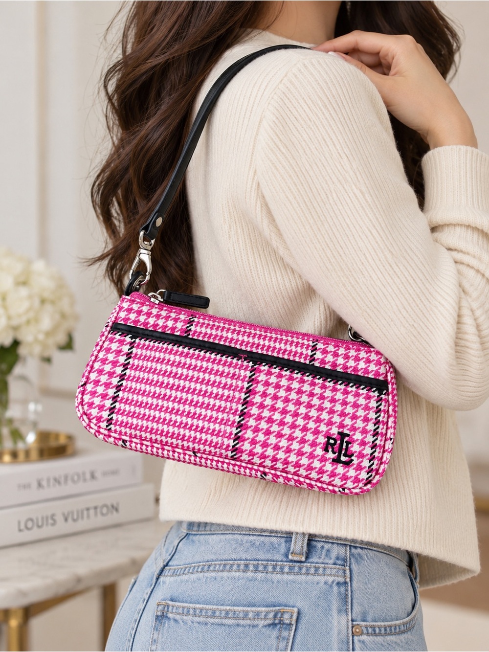 Lauren Ralph Lauren Pink Houndstooth Plaid Shoulder Bag